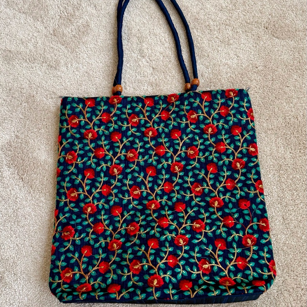 Red and Blue Embroidered Floral Tote Bag with Handles, NWOT